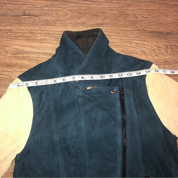 CHASER Suede Leather Blue Body Cream & Grey Cuff Sleeves Colour Block Moto Sz XS - Picture 8 of 11